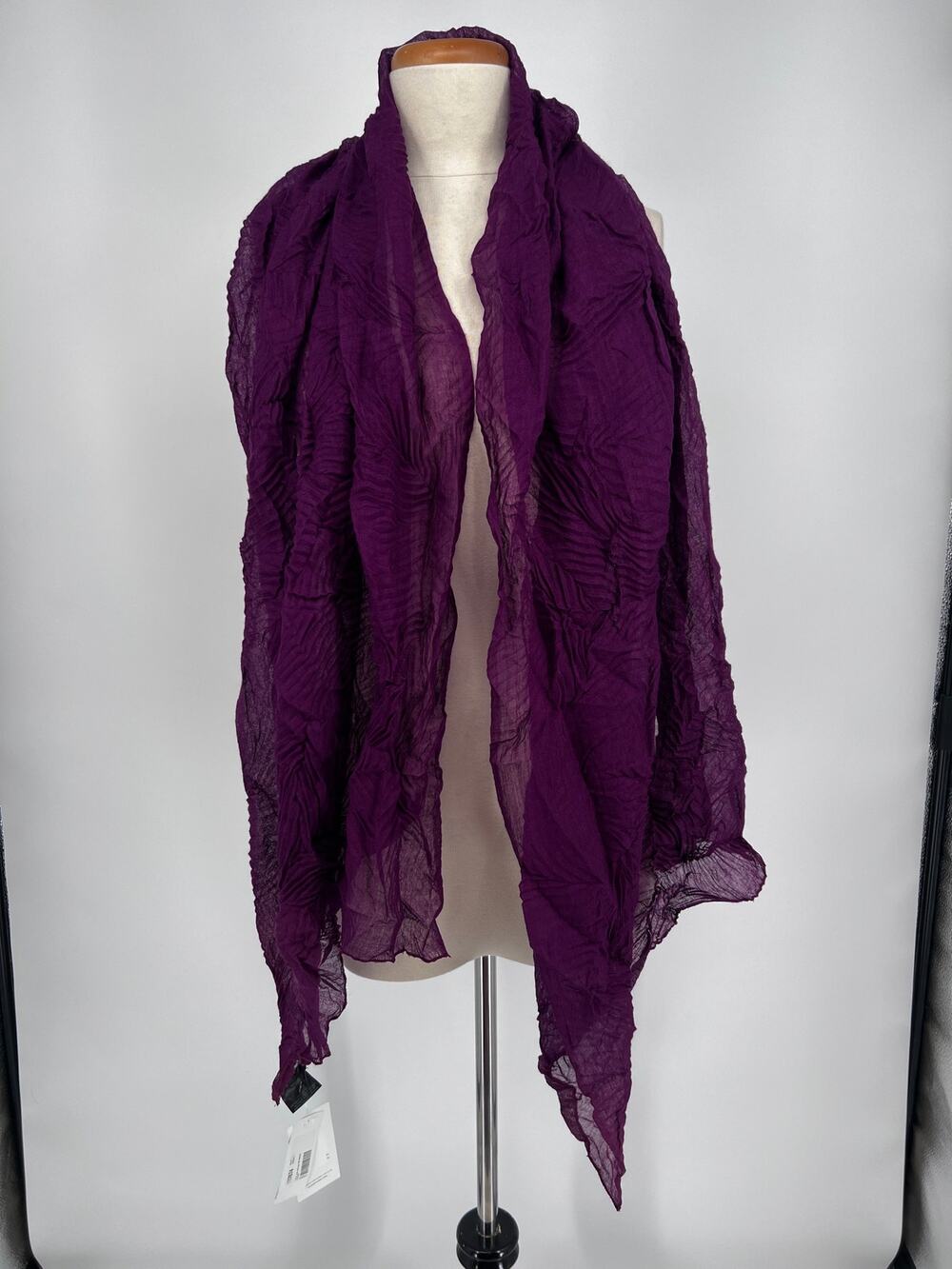Eileen Fisher Pressed Leaf Silk Wool Crepe Scarf Pomegranate Purple FLAW READ